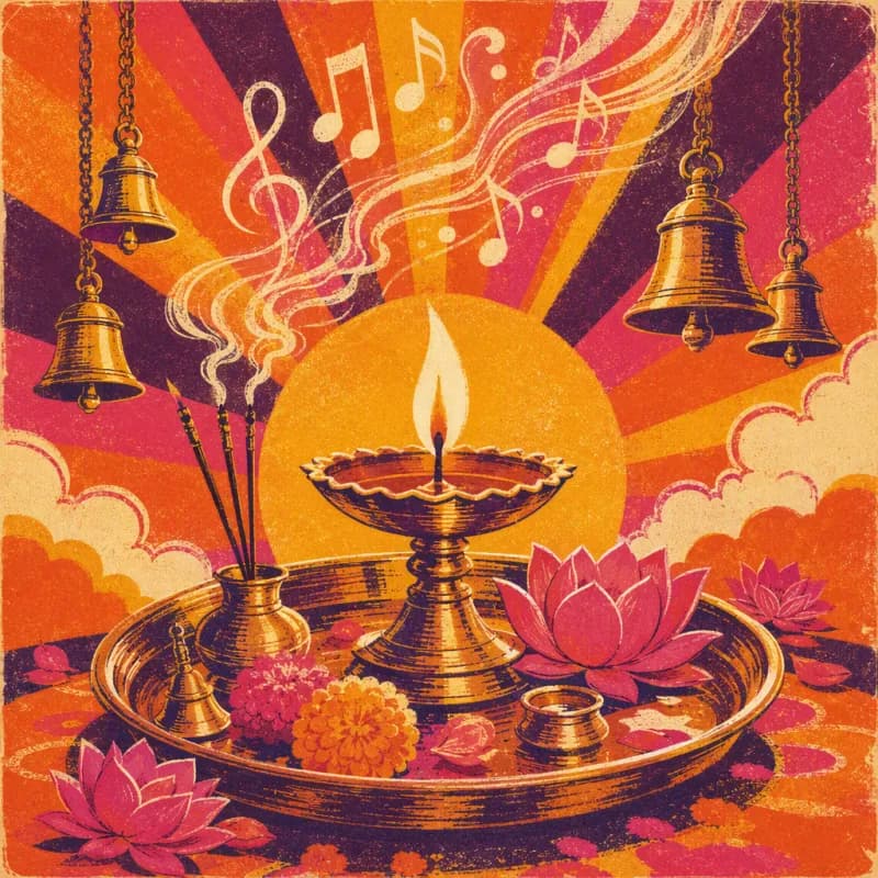 Illustrated record sleeve for a Aarti & bhajan song