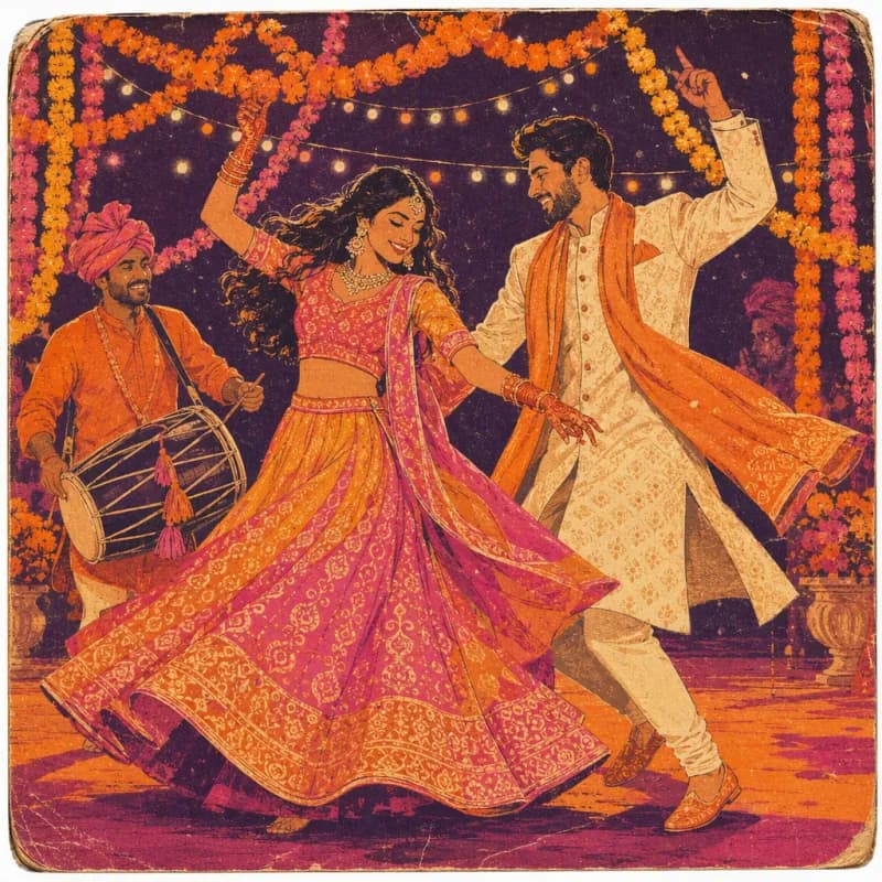 Illustrated record sleeve for a Sangeet & shaadi song